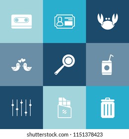 Modern, simple vector icon set on colorful blue backgrounds with tape, card, cooking, music, glass, retro, pigeon, business, audio, love, seafood, can, stereo, animal, dove, liquid, fresh, sweet icons
