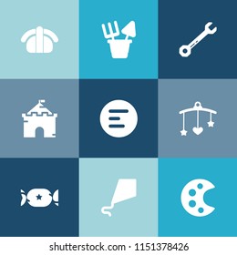 Modern, simple vector icon set on colorful blue backgrounds with menu, white, fun, japan, medieval, summer, rice, sushi, app, spanner, roll, toy, candy, mobile, tower, drawing, fish, sweet, food icons