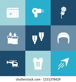 Modern, simple vector icon set on colorful blue backgrounds with mic, shirt, equipment, dryer, work, game, barber, worker, schedule, sign, sea, candle, helicopter, sport, travel, date, flame icons