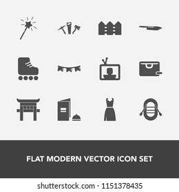 Modern, simple vector icon set with tv, roller, skating, kitchen, happy, leisure, , brochure, boot, magic, shrine, boat, celebration, background, flag, fence, screen, paper, female, magician icons