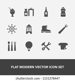 Modern, simple vector icon set with food, fork, extreme, spoon, red, equipment, rudder, xray, wine, kitchen, ship, leather, sky, summer, helm, strawberry, wheel, alcohol, spanner, bottle, knife icons