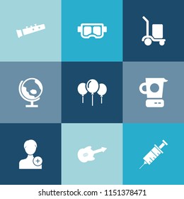 Modern, simple vector icon set on colorful blue backgrounds with sport, dentist, equipment, snorkel, guitar, beach, birthday, cargo, trumpet, warehouse, sound, delivery, decoration, food, globe icons