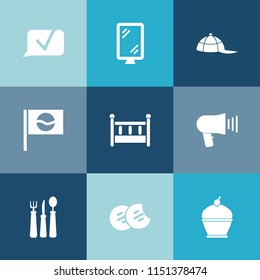 Modern, simple vector icon set on colorful blue backgrounds with pie, talk, road, traffic, home, knife, hat, restaurant, loudspeaker, headwear, cake, sweet, chat, city, cookie, bed, dessert, cap icons