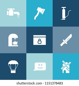 Modern, simple vector icon set on colorful blue backgrounds with tap, hot, knife, faucet, cafe, tool, water, fork, espresso, chat, sign, pump, face, power, coffee, drink, balloon, wind, website icons