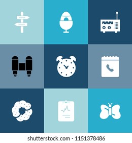 Modern, simple vector icon set on colorful blue backgrounds with decoration, phone, tradition, celebration, technology, doughnut, medical, business, hour, dessert, watch, insect, egg, way, clock icons