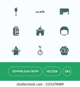 Modern, simple vector icon set on white background with truck, computer, office, medieval, party, work, ice, cake, bike, top, sweet, transport, equipment, desk, van, doughnut, castle, nutrition icons