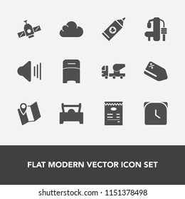 Modern, simple vector icon set with watch, clock, audio, care, space, bedroom, bed, time, hour, technology, travel, volume, construction, cement, price, discount, gym, mixer, health, sale, tag icons