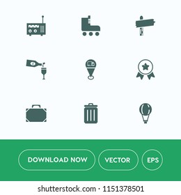 Modern, simple vector icon set on white background with way, radio, fashion, style, jump, trash, arrow, location, alcohol, web, boot, achievement, sign, equipment, red, parachuting, parachute icons