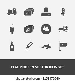 Modern, simple vector icon set with van, rocket, location, group, charge, vehicle, bottle, white, cable, power, sea, transportation, battery, technology, social, food, seafood, drink, fish, file icons