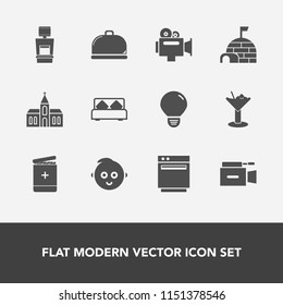 Modern, simple vector icon set with cute, light, stove, childhood, restaurant, alcohol, gas, camera, bedroom, baby, microphone, cocktail, video, medicine, bar, igloo, religious, television, scan icons