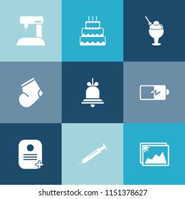 Modern, simple vector icon set on colorful blue backgrounds with sew, machine, image, battery, sweet, clothes, sugar, fabric, energy, warm, food, alert, cone, vanilla, frame, picture, tool, cake icons