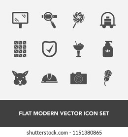 Modern, simple vector icon set with bellboy, construction, security, laptop, hygiene, animal, lollipop, bottle, chocolate, hotel, safety, dessert, camera, street, music, service, sweet, karaoke icons