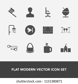 Modern, simple vector icon set with fashion, paste, web, bath, interior, comfortable, water, user, theater, button, care, bag, armchair, drink, sign, music, bathroom, play, chair, cup, account icons