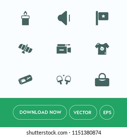 Modern, simple vector icon set on white background with planet, space, flame, clothing, sound, decoration, america, microphone, christmas, station, flight, tennis, baby, technology, usa, film icons