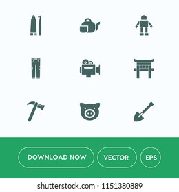Modern, simple vector icon set on white background with camera, spanner, dental, toothbrush, pork, fashion, hygiene, handle, asian, beverage, japan, teapot, swine, animal, video, traditional icons