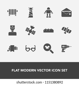 Modern, simple vector icon set with light, mail, glasses, water, box, medical, orbit, style, technology, boiler, beacon, woman, fruit, message, station, sunglasses, hot, clothing, food, heat icons