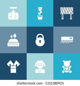 Modern, simple vector icon set on colorful blue backgrounds with kimono, asia, train, traditional, interior, geisha, background, japan, costume, transportation, green, car, transport, road, lock icons