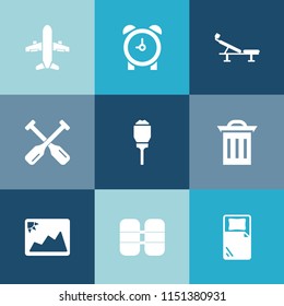 Modern, simple vector icon set on colorful blue backgrounds with light, water, photo, image, flight, box, garbage, clock, tank, equipment, picture, frame, bed, minute, timer, recycle, time, oar icons