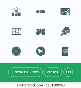 Modern, simple vector icon set on white background with butterfly, disk, dvd, cd, medicine, dessert, travel, insect, sweet, chart, emergency, success, cream, estate, video, care, nature, play icons