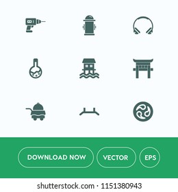 Modern, simple vector icon set on white background with sound, modern, department, fire, headset, travel, water, equipment, safety, bed, bedroom, kamon, shrine, music, tool, repair, service, up icons