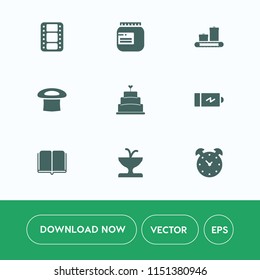 Modern, simple vector icon set on white background with sweet, cap, hour, full, baggage, textbook, education, power, watch, cake, food, literature, clock, jam, architecture, time, fountain, film icons