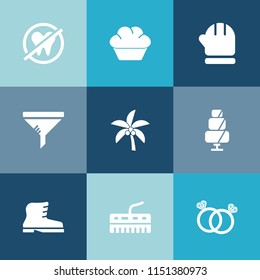 Modern, simple vector icon set on colorful blue backgrounds with doughnut, nature, keyboard, cold, music, winter, engagement, tooth, sweet, mouth, cupcake, dessert, care, conditioner, filter icons