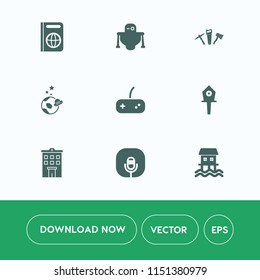 Modern, simple vector icon set on white background with science, machine, boat, spring, real, houseboat, future, wrench, nest, robot, cyborg, birdhouse, sound, technology, travel, joystick, bird icons