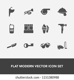 Modern, simple vector icon set with domestic, cutlery, dessert, whistle, sound, supermarket, bar, communication, key, waitress, service, faucet, beer, stationary, housework, drink, music, cream icons