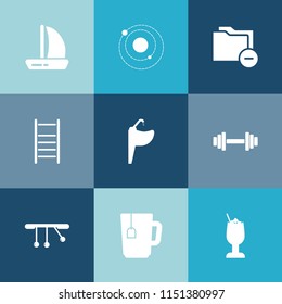 Modern, simple vector icon set on colorful blue backgrounds with tea, equipment, astronomy, pendulum, folder, data, drink, sign, information, sail, alcohol, ship, business, bathroom, solar, boat icons