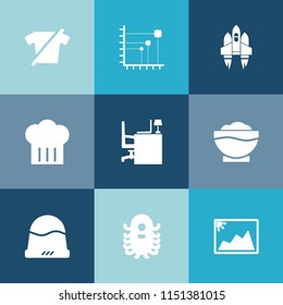 Modern, simple vector icon set on colorful blue backgrounds with sign, t-shirt, restaurant, rocket, photo, picture, chief, desk, graph, cap, technology, space, monster, coffee, chef, cook, shirt icons