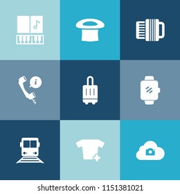 Modern, simple vector icon set on colorful blue backgrounds with smart, hat, note, music, support, clef, service, gadget, baggage, center, screen, contact, sound, melody, shirt, fashion, luggage icons