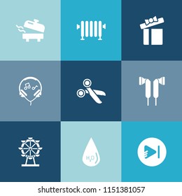 Modern, simple vector icon set on colorful blue backgrounds with media, london, tool, park, decoration, wheel, temperature, listen, electric, household, headset, drink, box, equipment, white icons