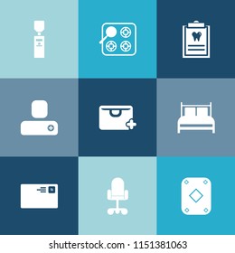 Modern, simple vector icon set on colorful blue backgrounds with oven, drink, cooking, plastic, office, mail, internet, game, sign, hot, liquid, dentistry, home, letter, poker, business, clinic icons