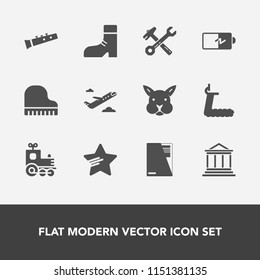 Modern, simple vector icon set with toy, hammer, musical, power, star, flight, rabbit, foot, animal, full, bank, airplane, sport, banking, travel, bunny, sound, fitness, fashion, business, train icons