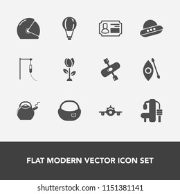 Modern, simple vector icon set with motorbike, sport, card, medical, flower, river, ufo, business, object, departure, spring, travel, kettle, technology, water, bag, rider, jump, activity, kayak icons