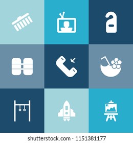 Modern, simple vector icon set on colorful blue backgrounds with tv, juice, equipment, phone, tank, cocktail, cylinder, quiet, privacy, shape, video, oxygen, stain, glass, drawing, craft, rocket icons