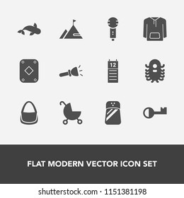 Modern, simple vector icon set with seafood, carriage, clothing, nature, flashlight, ufo, reminder, stroller, microphone, fresh, fashion, salt, food, bag, baby, shine, monster, voice, electric icons