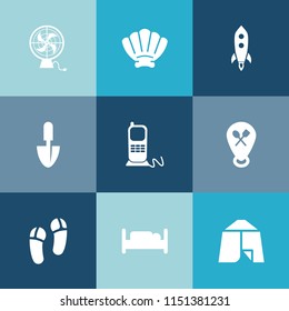 Modern, simple vector icon set on colorful blue backgrounds with technology, tent, mollusk, cooling, spaceship, travel, ocean, air, phone, gardening, restaurant, shovel, camp, object, rocket icons