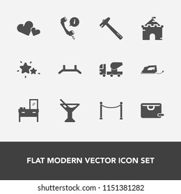 Modern, simple vector icon set with drink, summer, pull, home, support, spanner, castle, up, building, heart, architecture, tower, tool, love, electric, construction, cocktail, cabinet, headset icons