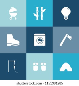 Modern, simple vector icon set on colorful blue backgrounds with power, nature, axe, bulb, machine, white, travel, asia, tool, chinese, bamboo, tree, electricity, medical, light, plant, beach icons