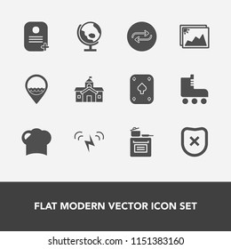 Modern, simple vector icon set with security, picture, photo, energy, chef, replacement, fun, cooking, oven, restaurant, food, architecture, change, modern, business, frame, protection, planet icons