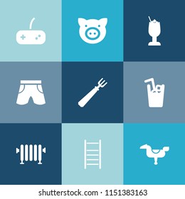 Modern, Simple Vector Icon Set On Colorful Blue Backgrounds With Shorts, Child, Boiler, Hog, Livestock, Horse, Joystick, Water, Drink, Agriculture, Cold, Piglet, Wear, Hot, Pig, Happy, Cocktail Icons