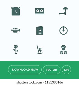 Modern, simple vector icon set on white background with sign, power, relaxation, male, furniture, audio, trumpet, vacation, favour, vintage, travel, hour, beach, instrument, sea, sound, off, boy icons