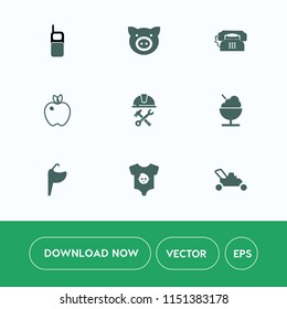 Modern, simple vector icon set on white background with tap, grass, baby, helmet, pork, fruit, faucet, water, icecream, agriculture, equipment, phone, industry, piglet, food, gardening, builder icons