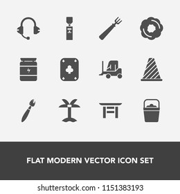 Modern, simple vector icon set with nature, japan, nutrition, game, sweet, dessert, sport, fitness, doughnut, street, traffic, bodybuilding, palm, water, japanese, dinner, bucket, car, leaf icons