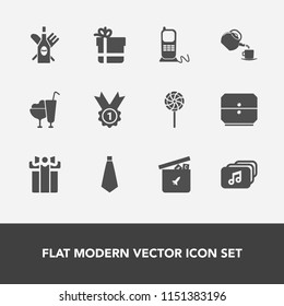 Modern, simple vector icon set with tie, winner, celebration, food, play, phone, fashion, red, white, award, tea, dessert, gift, communication, business, beverage, wineglass, present, candy, toy icons