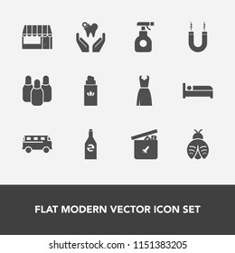 Modern, simple vector icon set with speed, sprayer, ball, female, hotel, road, supermarket, market, bear, magnet, drink, fly, sport, bed, store, play, transportation, liquid, dentist, pesticide icons