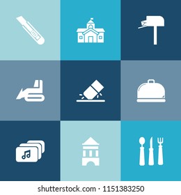Modern, simple vector icon set on colorful blue backgrounds with tower, mail, service, house, education, restaurant, post, university, city, industry, cutter, eraser, tool, equipment, cut, food icons