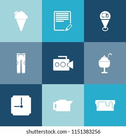 Modern, simple vector icon set on colorful blue backgrounds with location, coffee, pie, cafe, fashion, jeans, time, dessert, write, clock, film, map, web, sweet, clothing, travel, drink, video icons