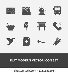 Modern, simple vector icon set with transportation, magic, travel, origami, fashion, supermarket, noodle, beautiful, footwear, japan, sorcery, shrine, transport, blossom, fruit, bowl, paper, bus icons